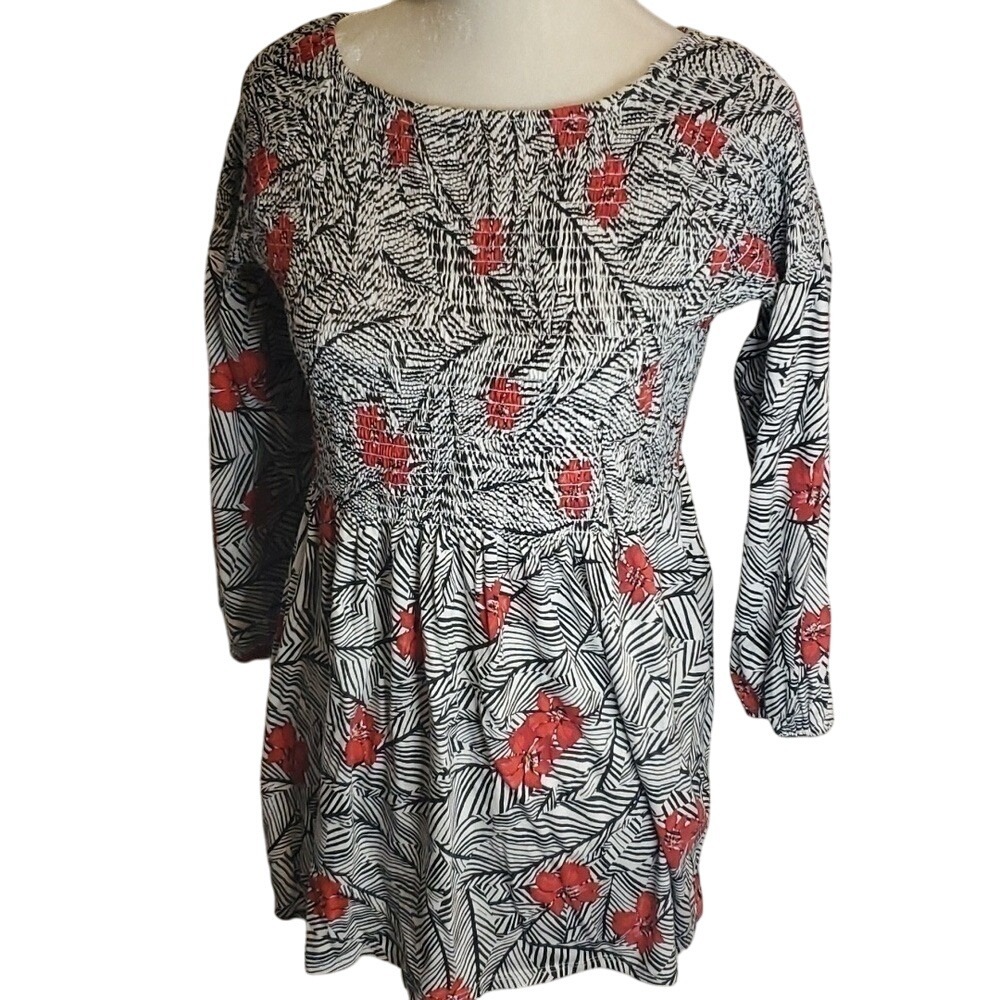 Floral Tunic Top Smocked‎ Detail Black White Red Womens Boho Casual Blouse